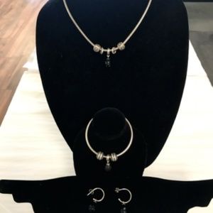 PANDORA Necklace, Bracelet w/Charms & Earrings SET